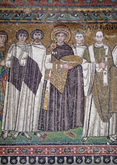 Justinian I. und sein Gefolge, (Detail) des Kaisers, ca. 547 n. Chr. von Unbekannt Unbekannt